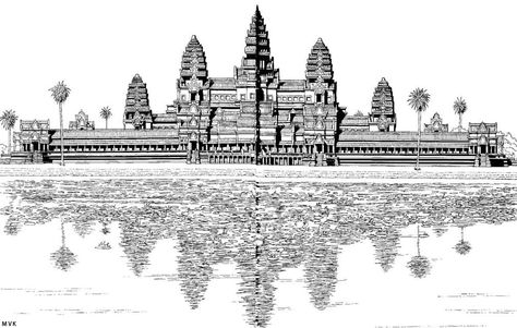 Angkor Wat Tattoo Design, Angkor Wat Drawing Art, Cambodian Temple Tattoo, Angkor Wat Temple Drawing, Angkor Wat Cambodia Drawing, Ankor Watt Tattoos, Khmer Tattoo Cambodia, Angkor Wat Drawing, Tattoo Cambodia