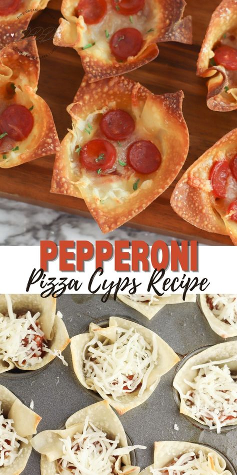 Pepperoni Pizza Cups | DINE DREAM DISCOVER Pepperoni Pizza Cups, Pepperoni Cups Keto, Pizza Treats, Lite Snacks, Keto Bites, Keto Pepperoni, Wonton Appetizers, Pepperoni Pizza Bites, Wonton Wrapper Recipes