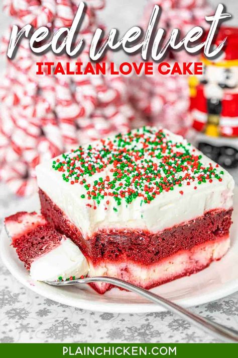 Red Velvet Italian Love Cake - You are going to LOVE this cake! Layers of red velvet cake, cheesecake, and cream cheese frosting. Super easy to make and is a real show stopper. Cake mix, ricotta cheese, eggs, sugar, vanilla, pudding mix, milk. cream cheese, and cool whip. Make a day in advance for the best flavor. A must for all your holiday meals! #redvelvet #cake #dessert Red Velvet Poke Cake, Italian Love Cake, Love Cake Recipe, Redvelvet Cake, Popular Desserts Recipes, Best Banana Pudding, Cake Cheesecake, Torte Cupcake, Poke Cake Recipes