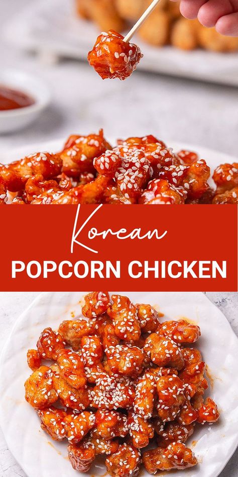 High Protein Korean Popcorn Chicken, Baked Korean Popcorn Chicken, Korean Sweet Spicy Chicken, Asian Popcorn Chicken, Airfryer Popcorn Chicken, Popcorn Chicken Sauce, Korean Chicken Popcorn, Korean Recipes Chicken, Korean Chicken Bites