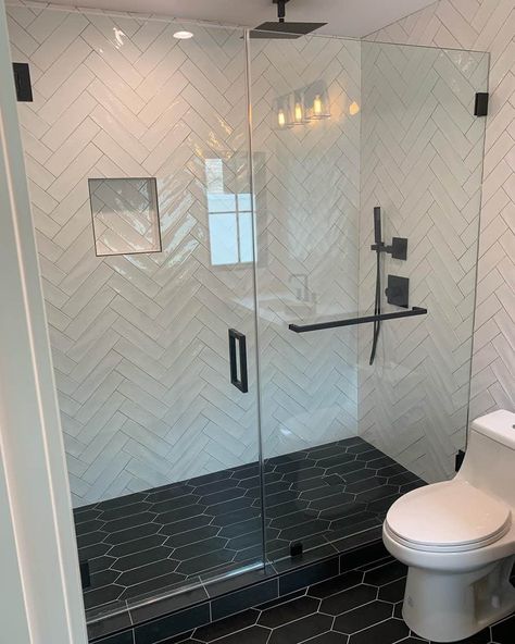 20 Must-See Bathroom Shower Ideas Tile Shower Doors, Larger Tile Shower Ideas, Black Tile Floor Shower Ideas, Subway Tile Wet Room, 48 X 48 Shower Ideas, Light Ideas For Bathroom, Bathroom Flooring And Shower Tile, Half Bath With Shower Ideas, Main Bathroom Shower Ideas