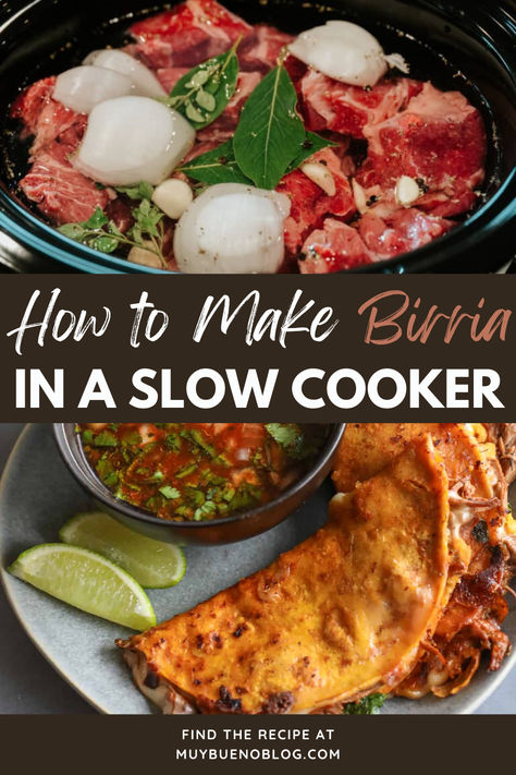 How to Make Birria  in a Slow Cooker, and then I teach you how to make these cheesy Birria Birria tacos that are loaded with flavor, and cheese and ready to be dipped in sauce. The perfect authentic Mexican dish to make at home. The slow cooker makes the meat ultra tender as it slow cooks through the day. Birria In The Crockpot, Beef Birria Crockpot, Birria Recipe Mexican Slow Cooker, Birria Tacos Authentic, Crockpot Quesabirria Tacos, Easy Birria Recipe Mexican Crockpot, Slow Cooker Beef Birria, Birria Tacos Pressure Cooker, Birria In Crock Pot