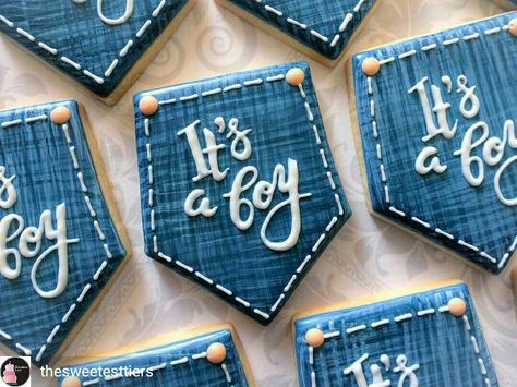 Denim Baby Shower, Pearl Baby Shower, Baby Boy Cookies, Gingerbread Art, Cowboy Baby Shower, White Baby Showers, Denim Baby, Shower Cookies, Teddy Bear Baby Shower