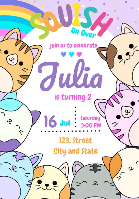 Edite grátis você mesmo usando nosso editor online | Design by Julia Berdugo | Digital Invitation Squishmallow Themed Birthday Invitation

The perfect Squishmallow Themed Birthday Invitation invitation for your event!

Customize your invitation to your liking with our online editor

Our digital $theme invitation is fully customizable. You can change the text, font, colors, and even add photos. It's easy to use and you can create the perfect invitation in minutes using our online editor. Squish Mellows Birthday Party Ideas, Squishmallow Party Invitations, Squishmallows Invitations, Squishmallow Birthday Party Free Printable, Sqishmelow Birthday, Squishmallow Birthday Invitation, Squishmallow Birthday Party Invitation, Squishmellow Birthday Ideas, Squishmallow Party Ideas