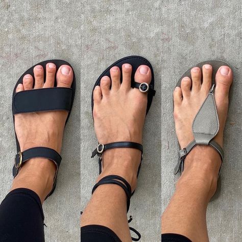 A collage of the same left foot wearing 3 different dressy vegan barefoot sandals - the Tikki Vibe from Anya's Shop, a Highfeels sandal, and Lonnies barefoot sandals Closed Toed Shoes, Best Barefoot Shoes, Vegan Sandals, Running Sandals, Scottish Fashion, Minimalist Shoes, Barefoot Shoes, Diy Shoes, Vegan Shoes