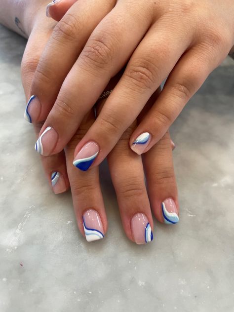 Gel Nails For Greece, Nails For Santorini, Santorini Nail Ideas, Blue And White Gel Nails Short, Greek Nails Blue, Holiday Nails For Greece, Mamma Mia Nail Art, Nails For Greek Holiday, Santorini Inspired Nails