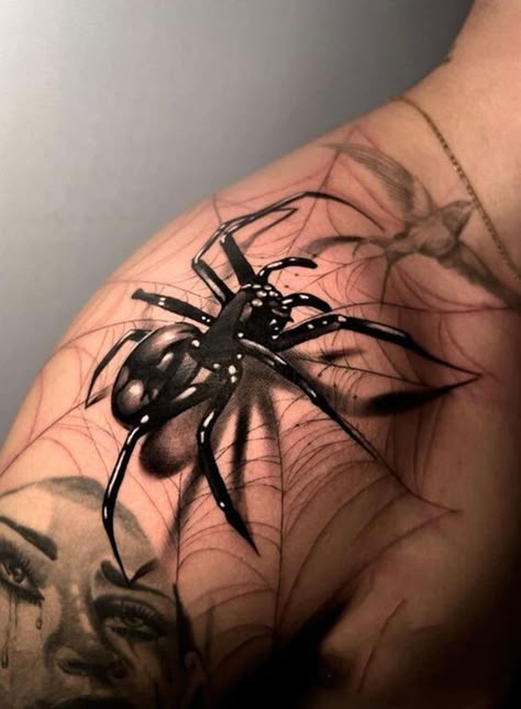 Spectacular Spider-Man Tattoo Trends of 2024 - Designs & Ideas Spider Shoulder Tattoo Men, Spider Shoulder Tattoos For Women, Spider Arm Tattoos Men, Spider Tattoo On Shoulder, Spider Tattoos Men, Spider Shoulder Tattoo, Spider Tattoo Shoulder, Spider Back Tattoo, Spider Tattoo Men