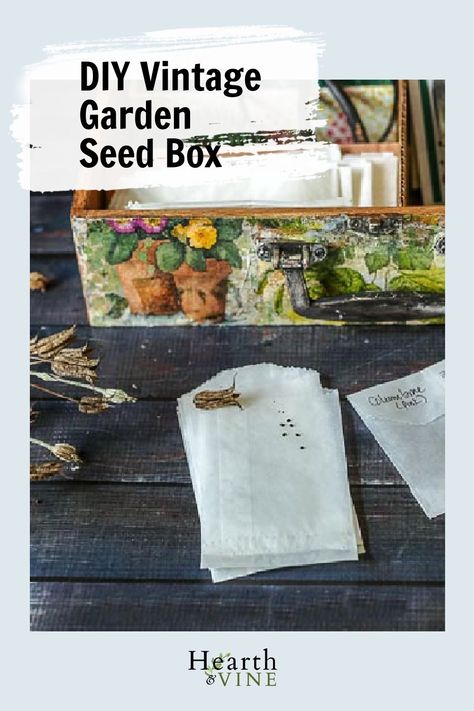 A seed storage box and a vintage look garden seed box in one. Create your own with free vintage prints and mod podge. Small Back Gardens, Garden Sayings, Small Backyards, Seed Storage, Seed Box, Gardening Design, Gardening Landscaping, Garden Benches, Vintage Gardening