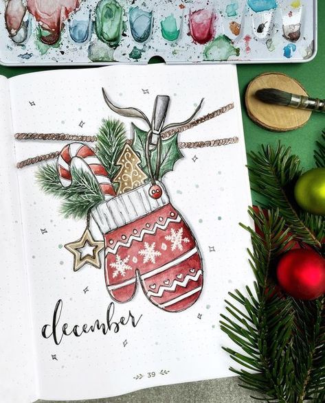 Christmas Bujo Cover, December Journal Cover, Christmas Card Ideas Drawing, December Header, December Drawings, December Doodles, Bullet Journal Finance Tracker, Bujo Christmas, December Scrapbook