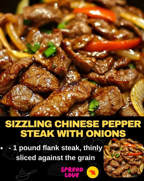 Sizzling Chinese Pepper Steak with Onions Chinese Pepper Steak With Onions Recipe, Pepper Steak With Onions, Pepper Steak Recipe Easy, Peper Steak, Pepper Steak And Onions, Steak With Onions, Sizzle Steak Recipes, Beef Patties Recipes, Chinese Pepper Steak