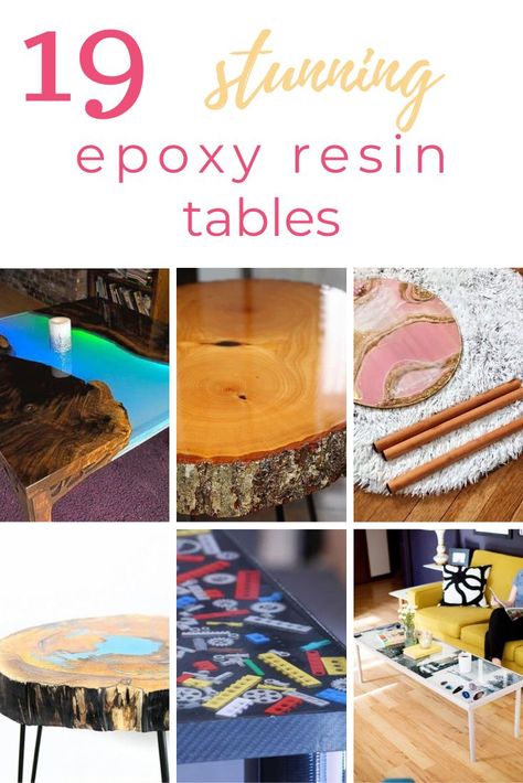 A roundup of 19 DIY epoxy resin tables you can make or buy! From epoxy river tables, coffee tables, dining tables, and more. #amberoliver #diyepoxyresintables #epoxyresintables E Poxy Resin Table, Coffee Table With Resin, Mosaic Epoxy Table, Epoxy Resin Dining Table Diy, Poured Resin Table Top, Epoxy Resin River Table, Epoxy River Coffee Table, Clear Epoxy Resin Table, Epoxy River Table Diy