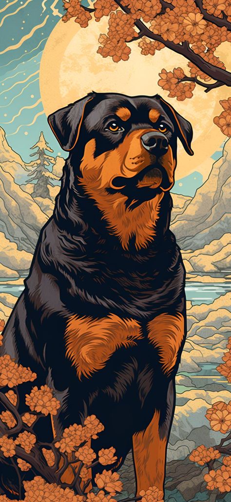 A Rottweiler sitting in the mountains under the night sky with a glowing moon, all designed in Ukiyo-E style for an aesthetic phone wallpaper. Unique Aesthetic Wallpaper, Rottweiler Wallpaper, Pitbull Wallpaper, Bald Eagle Art, Paw Wallpaper, Mountains At Night, Glowing Moon, Wal Art, Aesthetic Wallpaper Iphone