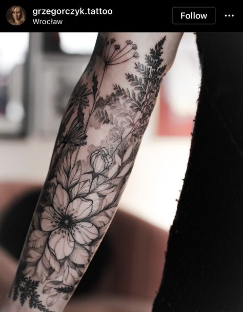 Black And Grey Nature Sleeve, Womens Wildflower Sleeve Tattoo, Wildflower Filler Tattoo, Wildflower Arm Sleeve, Wildflower Sleeve Tattoo Black And White, Botanical Tattoo Filler, Alaskan Flower Tattoo, Black And Grey Botanical Tattoo, Fern Floral Tattoo