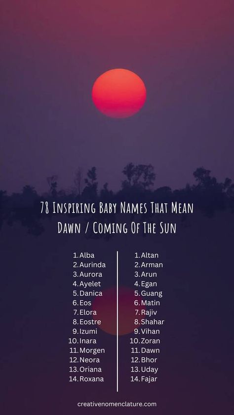 78 Inspiring Baby Names That Mean Dawn / Coming Of The Sun Sun Related Names, Sun Inspired Names, The Sun Meaning, Dawn Name, Korean Name Meaning, Names That Mean Sun, Sun Names, Last Name Meaning, Boy Name Meanings