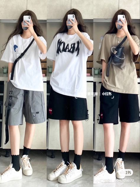 Cute Korean Summer Outfits Street Styles, Tomboy Outfit Ideas Summer, Tomboyish Summer Outfits, Korean Tomboy Summer Outfits, Tomboyish Outfits Casual, Tomboy Style Outfits Shorts, Tomboy Outfits With Shorts, Ootd Tomboy Girl, Boyish Outfits Summer