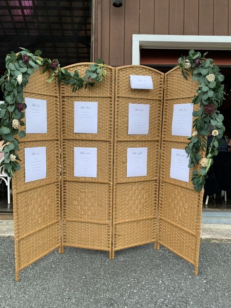 Folding Screen Seating Chart, Wedding Room Divider Ideas, Seating Chart Room Divider, Room Divider Seating Chart Wedding Ideas, Room Divider Backdrop Wedding, Room Divider Wedding Backdrop, Wedding Room Divider, Room Divider Seating Chart, Room Divider Backdrop