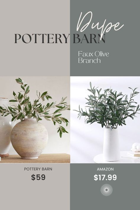 pottery barn dupe, faux olive branches Olive Branches Decor, Decorating With Olive Branches, Olive Branch Arrangement, Faux Olive Branches, Olive Branch Decor, Olive Branch Vase Decor, Faux Branches In Vase, Olive Branches In Vase, Olive Branch Arrangement Vase