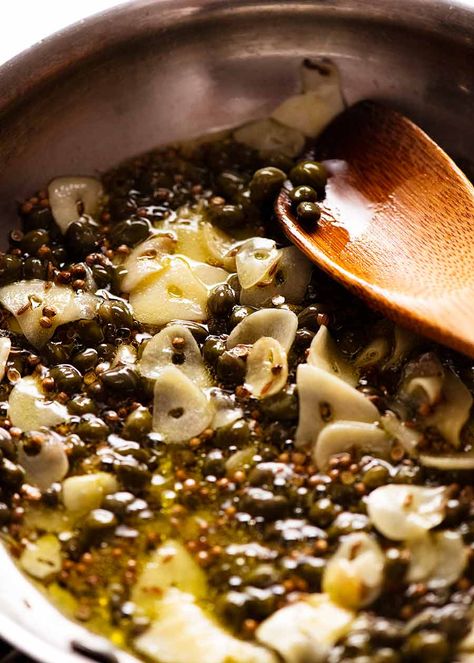 Close up of garlic cumin coriander caper dressing for Yotam Ottolenghi's Green Bean Salad Ottolenghi Salad, Green Bean Salad Recipes, Green Bean Salad, Pepper Salad, Ottolenghi Recipes, Cabbage And Sausage, Crispy Garlic, Easy Mediterranean Diet Recipes, Lemon Potatoes