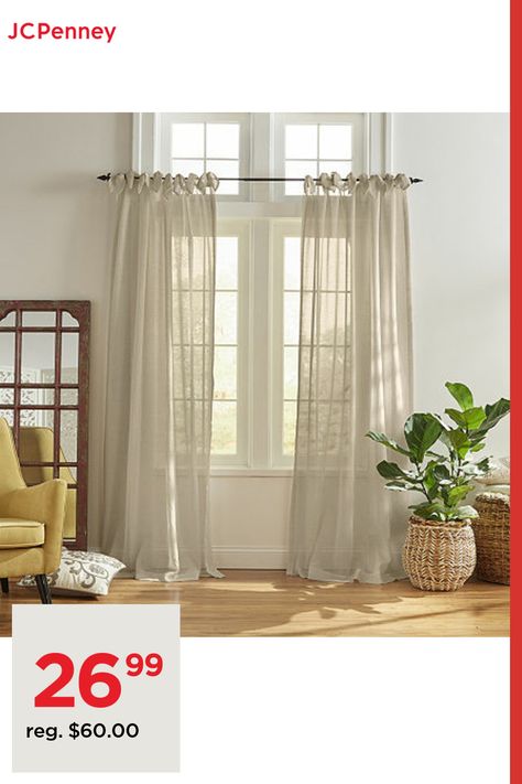 The vienna tie-top solid sheer features a poly/linen texture that has a rich, luxurious hand and soft drape. Extremely versatile, this panel can be used on its own to softly filter light, or as a layering piece with other window treatments. Perfect for creating a light and airy aesthetic, while adding a touch of fashion in any room of the home. Bunny-ear tie top header can be adjusted to fit most curtain rods. Ties measure 12 inches each. Loosely tie in knots for more boho aesthetic, or tie in … Sheer Tie Top, Airy Aesthetic, Sheer Curtain Panels, Grey Panels, Curtains Living, Boho Aesthetic, Linen Texture, Sheer Curtain, Window Panels