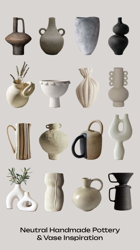 Neutral Handmade Pottery and Vase Inspiration for a Minimalist, Japandi Home #pottery #potteryideas #vase #vases #minimalistdecor #minimaldecor #japandi #quietluxury #quietluxuryaesthetic Japandi Moodboard, Vase Inspiration, Minimalist Japandi, Home Pottery, Deco Accessories, Japandi Home, Japandi Decor, Store Design Boutique, Elegant Vases