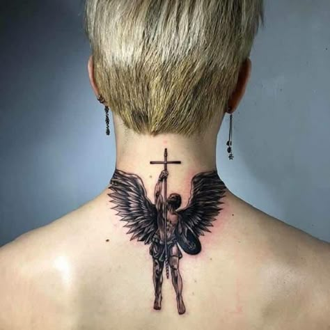 Arcangel Tattoo, Back Of Neck Tattoo Men, Tattoos On Back, St Michael Tattoo, Michael Tattoo, Best Neck Tattoos, Archangel Tattoo, Sketch Style Tattoos, Throat Tattoo