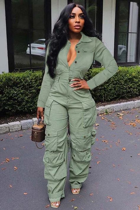 Cargo Jumpsuits & Rompers for Women Cargo Jumpsuit, Rompers For Women, Fly Outfit, African Fashion Modern, Denim Cargo, Green Jumpsuit, Classy Casual Outfits, Button Up Long Sleeve, Casual Chic Outfit