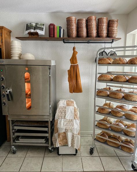 Sarah Grunewald • Sarah’s Sourdough | Cottage bakery views ✨🧚 People ask where my “bakery” is… it’s in the designated breakfast nook in our home. I call this my bakery nook… | Instagram It’s Complicated Bakery, Sourdough Bakery Shop, Rustic Bakery Aesthetic, Small Bakery Kitchen, Porch Bakery, Small Bakery Interior, In Home Bakery, Bakery Kitchen Design, Bake Aesthetic