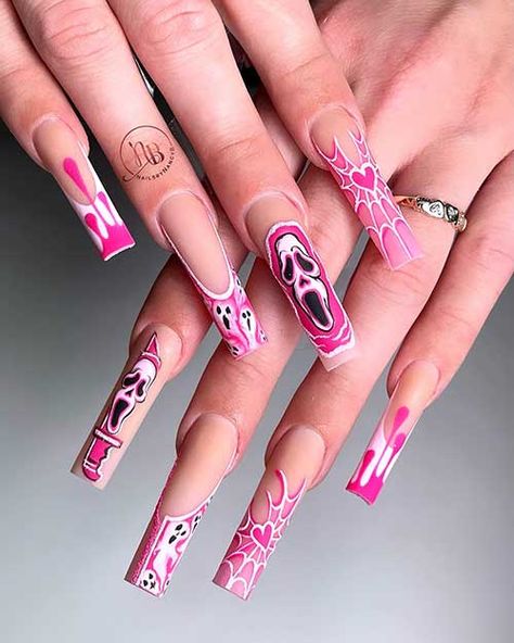 Scream black, white, and pink Halloween nails feature twisted French tips with cobwebs, tiny ghosts, and scream ghost face Pink Halloween Nails, Halloween Nails Ideas, Scary Nails, Horror Nails, Holloween Nails, Unique Acrylic Nails, The Haunting, Gel Nail Design, Long Square Acrylic Nails