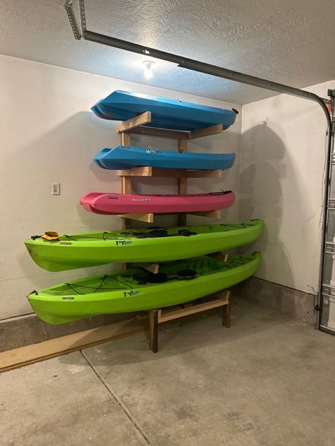 Boat House Storage, Lifejacket Storage Diy Projects, Garage Kayak Storage, Kayak Garage Storage, Kayak Storage Ideas, Life Jacket Storage, Boat Rack, Kayak Storage Garage, Paddle Board Storage