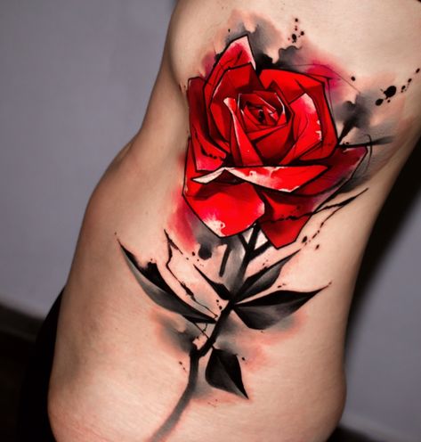 Colored Rose Tattoo Men, Watercolour Rose Tattoo, Abstract Rose Tattoo, Watercolor Rose Tattoo, Coloured Rose Tattoo, Splatter Tattoo, Black And Grey Rose Tattoo, Marriage Tattoos, Rose And Butterfly Tattoo