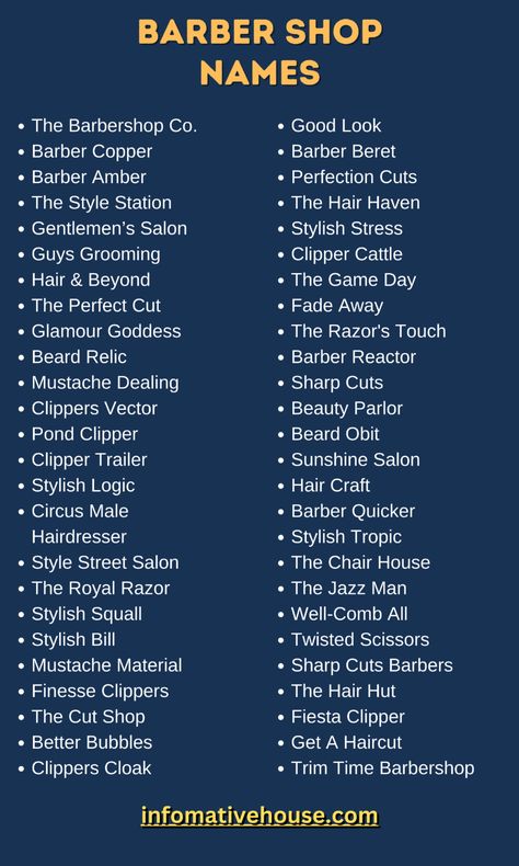 "Creative and Catchy Barber Shop Names to Inspire Your Business!" Barbering Shop Design, Barber Shop Decor Ideas Interior Design, Hairpage Names Ideas, Barbershop Names Ideas, Barber Names Ideas, Saloon Names Ideas Unique, Barber Shop Names Ideas, Men Barber Shop Design, Beauty Parlour Names Ideas