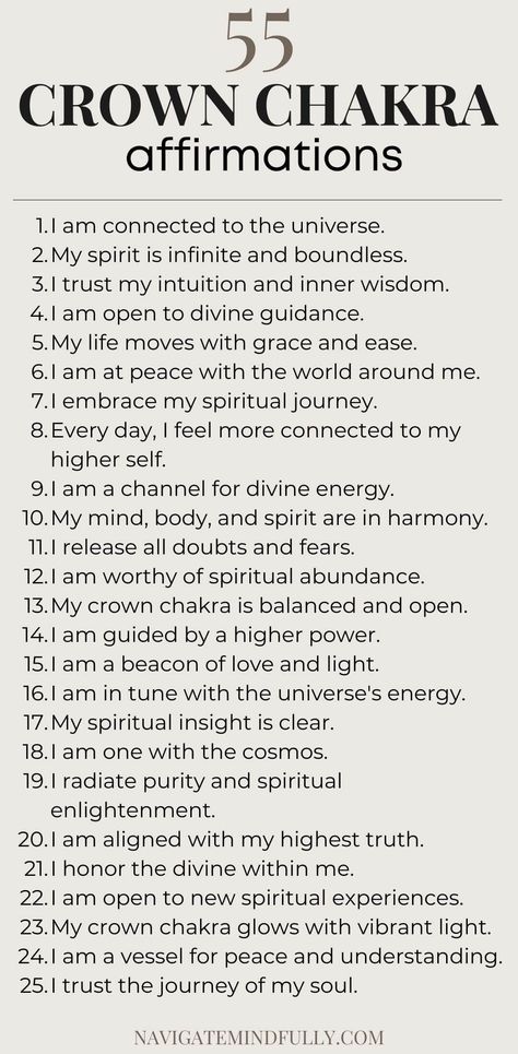 crown chakra healing affirmations Crown Chakra Healing Affirmations, Spiritual Affirmations For Women, Intuition Affirmations, Crown Chakra Affirmation, Bedtime Affirmations, Chakra Balancing Meditation, Manifestation Prayer, Spiritual Affirmations, Empowering Affirmations