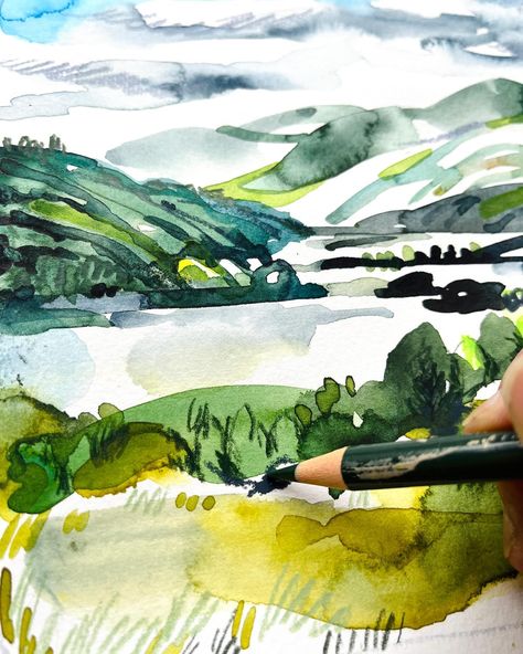 A little late for @joyjenstudio Patreon landscapes from last month. These scenes are of the Lake District in the U.K. Starting with a watercolour base (scroll through to see a WIP of this stage) and then adding touches of colour pencil and Neocolour details. . . Would you like a mixed media landscape class? Watercolor Pencil Landscape, Watercolor Multimedia, Landscape Pencil Sketch, Watercolour Layering, Mixed Media Landscape Art, Mixed Media Landscape, Watercolour Pencil Art, Watercolor Pencil Art, Media Landscape