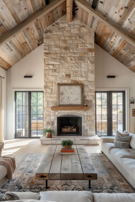 40 Farmhouse Fireplace Ideas for a Charming Home Hearth Farm Fireplace Ideas, Custom Home Living Room, Modern Farm Fireplace Ideas, Country House Fireplace Ideas, Rustic Gas Fireplace, Windows Next To Fireplace, Vaulted Ceiling Living Room Fireplace, French Country Fireplace Ideas, Stone Fireplace Vaulted Ceiling