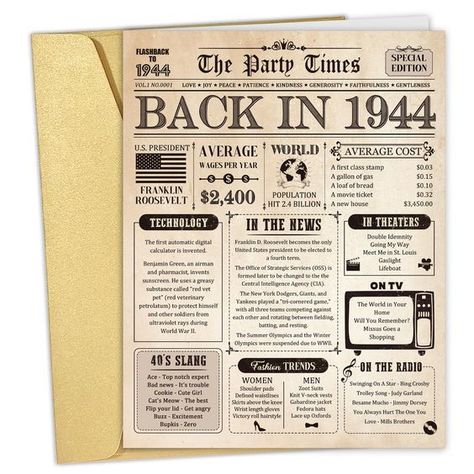 PRICES MAY VARY. Would you like an unique birthday gift you are looking for to have a beautiful meaning? Well, how about a classic large newspaper greeting card that will immortalize this special day and prepare for her/him? This huge 80th birthday newspaper sign card(poster) is filled with fun facts and highlights of what happened in the year 1944. It makes a great conversation piece at parties and let you go back to the past. Our big celebration cards are made of recyclable 300gsm card stock. Card For Grandpa, 60th Birthday Poster, Birthday Card For Men, Birthday Newspaper, 100th Birthday Card, Card For Men, 90th Birthday Cards, 80th Birthday Cards, 70th Birthday Card