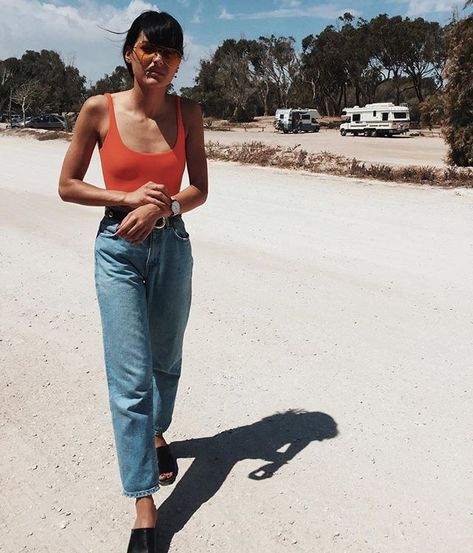 Mom jeans Asos Jumpsuit, Tank Top Outfit, Tank Top Outfits, Top Outfit, Red Tank, Instagram Analytics, Look Vintage, Inspiration Mode, Looks Style