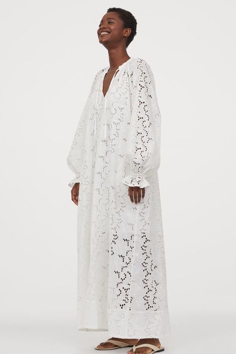 Let's Go Shopping: H&M Summer Haul — christie ferrari Eyelet Maxi Dress, Kaftan Style, White Lace Dress, Dress Cream, Maxi Robes, Organic Cotton Fabric, Kaftan Dress, Lace White Dress, Cream Dress