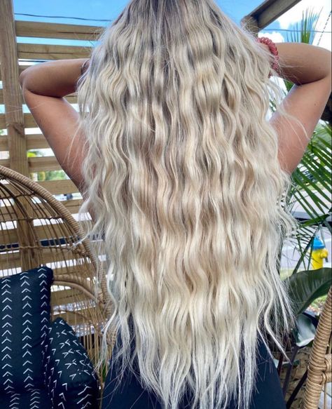 Balayage, Blonde Hair Crimped, Beach Wave Extensions, Long Blonde Crimped Hair, Beach Waves Hair Crimper, Long Wavy Platinum Blonde Hair, Crimped Hair Prom, Long Blonde Permed Hair, Wavy Perm Long Hair Beachy Waves