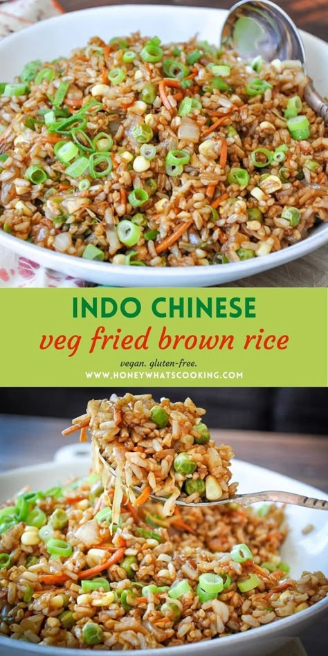 Indo Chinese Fried Rice prepared with brown rice and mixed veggies, such as cabbage, carrots, corn, and peas. Vegan and gluten-free! Chinese Brown Rice, Vegan Brown Rice Bowl, Brown Fried Rice Recipe, Genshin Recipes, Vegan Brown Rice Recipes, Asian Brown Rice, Rice Variations, Brown Rice Dishes, Chinese Fried Rice