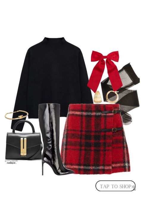 Black high neck sweatshirt, red plaid skirt, knee high heel boots, Demellier bag, red hair bow accessory, tights & gold jewellery. Christmas outfits, holiday outfits, winter style, Christmas Day look, Ralph Lauren style, winter boots, black boots.