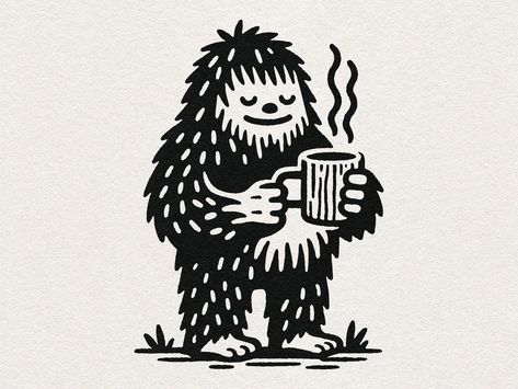 Vintage Coffee Illustration, Bigfoot Art Cute, Coffee Product Design, Frosty Illustration, Pnw Illustration, Yeti Silhouette, Big Foot Art, Yeti Illustration, Cute Sasquatch