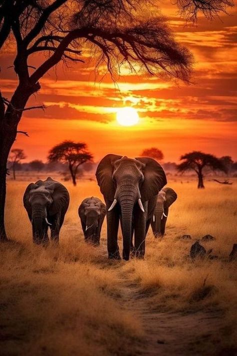 African Scenery Landscapes, African Elephant Illustration, Conservation Of Wildlife, Elephant Collage, African Wildlife Photography, Safari Scene, African Landscape, Herd Of Elephants, African Sunset