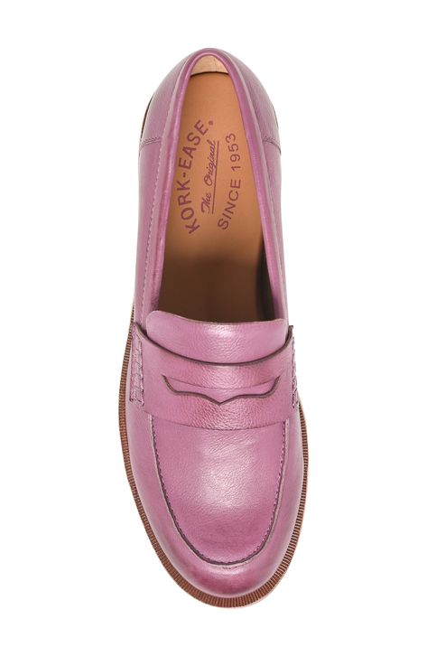 A low stacked heel and grippy rubber treads add modern charm to this supple leather penny loafer packed with extra padding for walkable comfort. 1 1/4" heel; 3/4" platform (size 8.5) Cushioned footbed Leather upper and lining/rubber sole Imported Designer Loafers Women, Block Heel Loafers Outfit, Women’s Loafers, Pink Loafers Outfit, Loafers Outfit, Block Heel Loafers, Smart Casual Wear, Loafer Women, Fancy Shoes