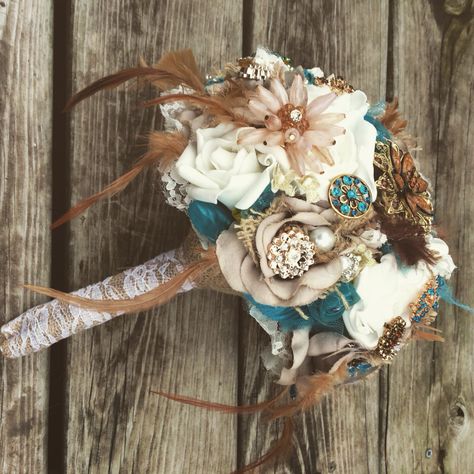 Turquoise, brown bouquet Western Wedding Bouquets Turquoise, Tan And Turquoise Wedding, Turquoise And Brown Wedding, Turquoise Wedding Bouquets, Bowling Wedding, Brown Bouquet, Turquoise Wedding Theme, Country Wedding Bouquets, Brown Wedding Themes