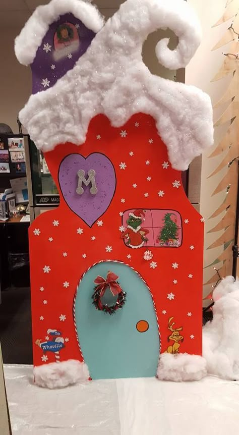 Who Ville Decorations Diy, Whoville House Door Decoration, The Grinch Play Props, Office Whoville Decorations, Easy Grinch Door Decorations, Whooville Trees, Whoville Office Decor, Whoville Christmas Office Decorations, Cardboard Whoville House