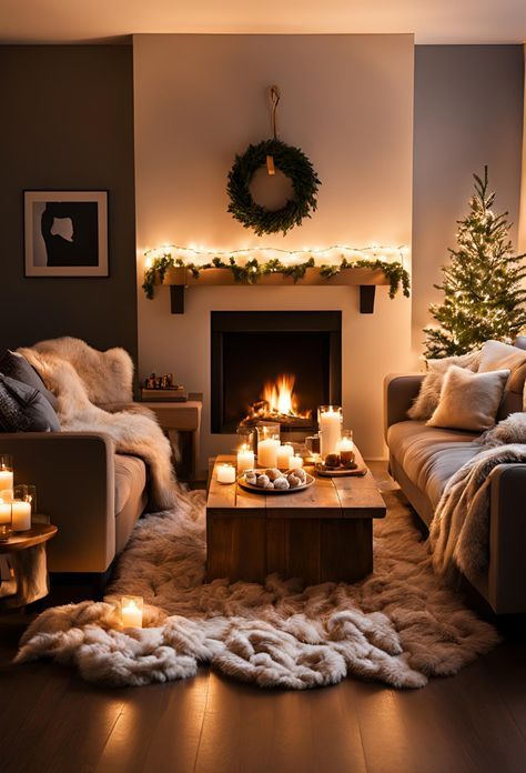 Twinkly Lights Living Room, Cozy Living Rooms Christmas, Small Lounge Room Ideas Cosy, Cozy Large Living Room, Warm Cosy Living Room, Cosy Christmas Living Room, Cosy Snug Room Ideas, Cozy Living Rooms With Fireplace, Cottage Living Rooms Cozy