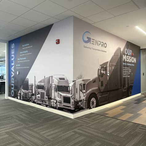 Custom graphic wall covering for office & workplace design Coastal Millwork, Corporate Office Artwork, Transportation Graphic Design, Office Graphic Wall, Conference Room Wall Design, Corporate Office Wall Graphics, Graphic Wall Design, Office Wall Branding, Office Branding Wall