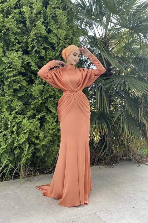 Satin Mermaid Wedding Dress, Modest Dresses Fashion, Soiree Dress, Orange Satin, Islamic Wedding, Dress Muslim, Elegant Dresses Classy, Muslim Fashion Dress, Muslim Dress