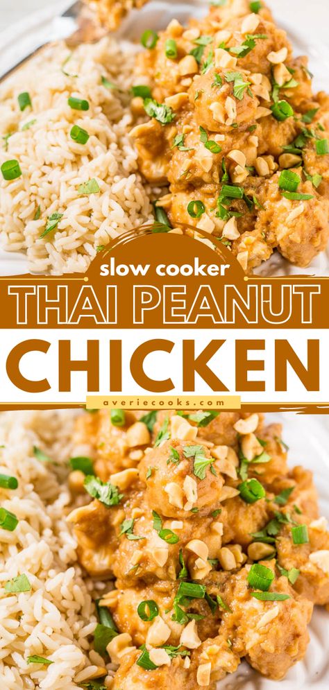 Slow Cooker Thai Peanut Chicken - Averie Cooks Mandalas, Peanut Chicken Recipe, Slow Cooker Thai, Thai Peanut Chicken, Food Combinations, Peanut Chicken, Thai Peanut, Pressure Cooker Chicken, Fast Easy Meals