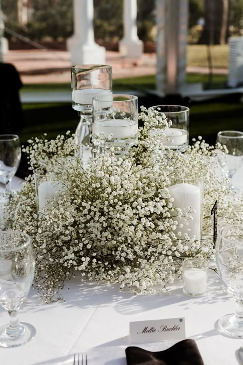 Elegant Southern Wedding Dress, Outside Tent Wedding Decor, Round Arbor Wedding Ceremony Arch, White Lace Tablecloth Wedding, Greenery And Floral Centerpieces, Wedding Table Gypsophila, Medium Height Centerpieces, Babies Breath Candle Centerpiece, Baby’s Breathe Centerpieces